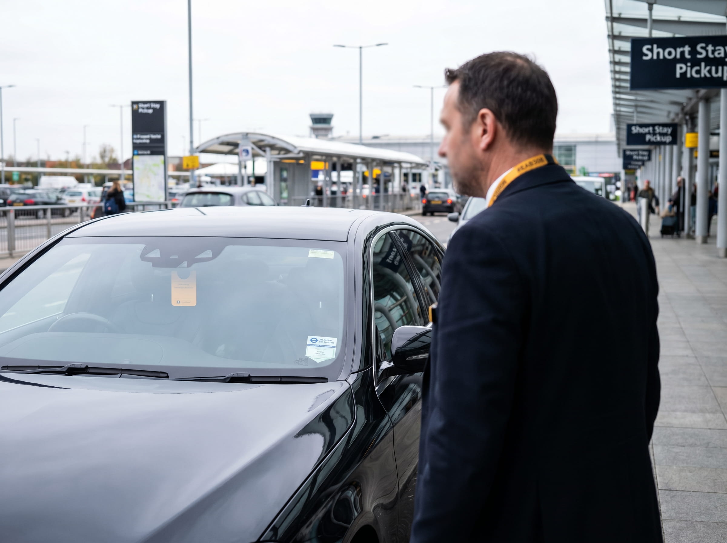 Professional UK private hire chauffeur at airport short-stay pickup