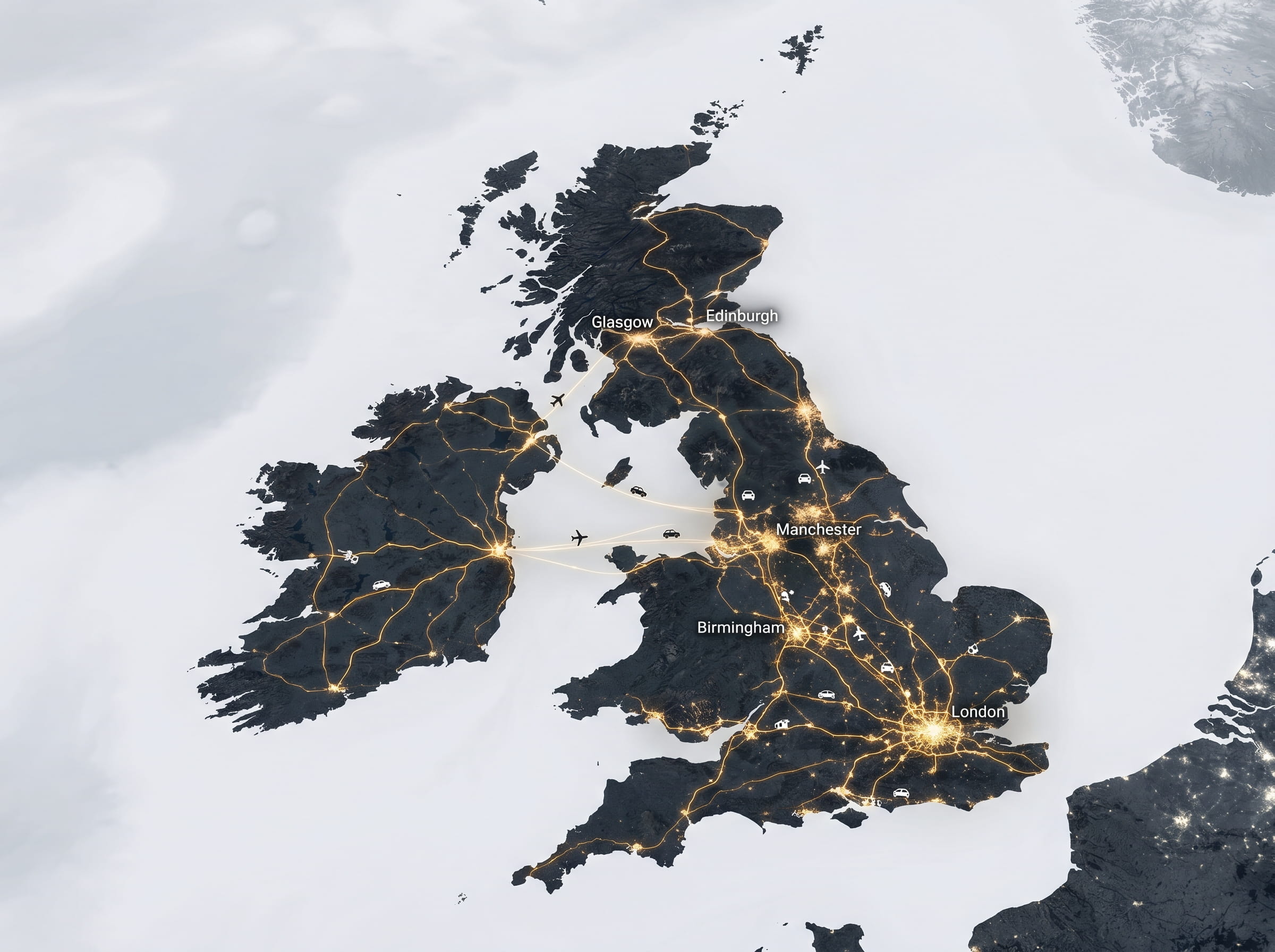 Stylised map of the UK showing nationwide taxi and airport transfer routes